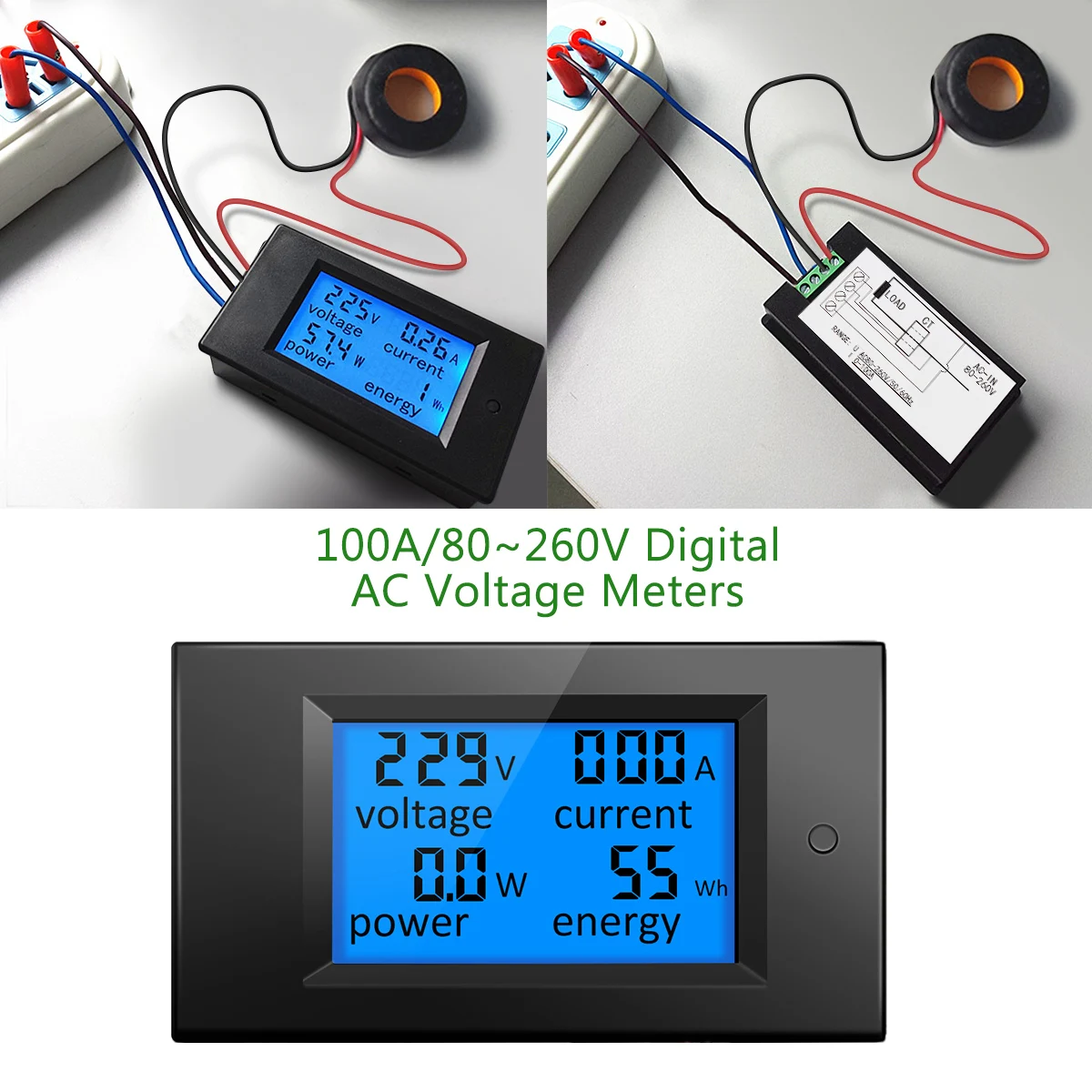 

Quality Digital AC Voltage Meters 100A/80~260V Power Energy Voltmeter Ammeter Watt Current Amps Volt Meter LCD Panel Monitor