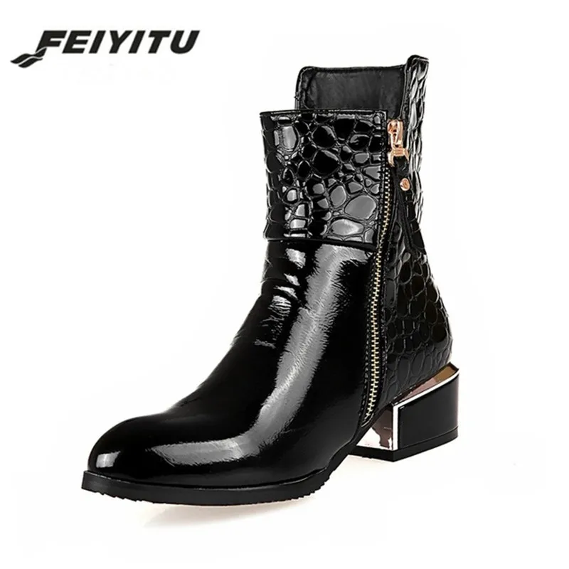 

feiyitu Black Patent Leather Ankle Boots Pointed Toe Patent Leather Blue Wine Red Woman Side Zip Plus Size 34 - 42 Winter Boots