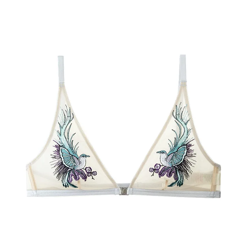 Bralette ultra-thin front button wireless bra triangle cup embroidery gauze sexy bra