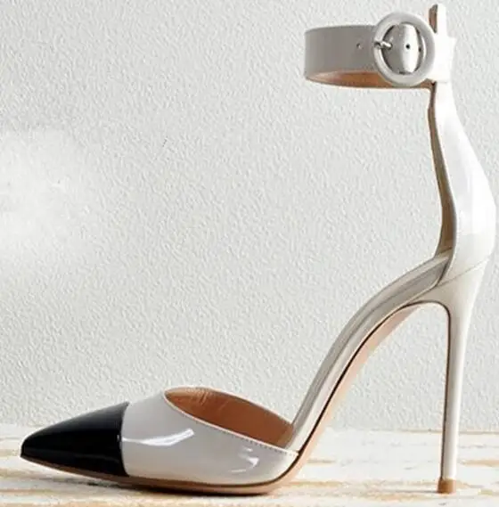 

2017 hot selling mixed colors leather shoes sexy pointed toe ankle strap woman pumps cutouts high heel shoes