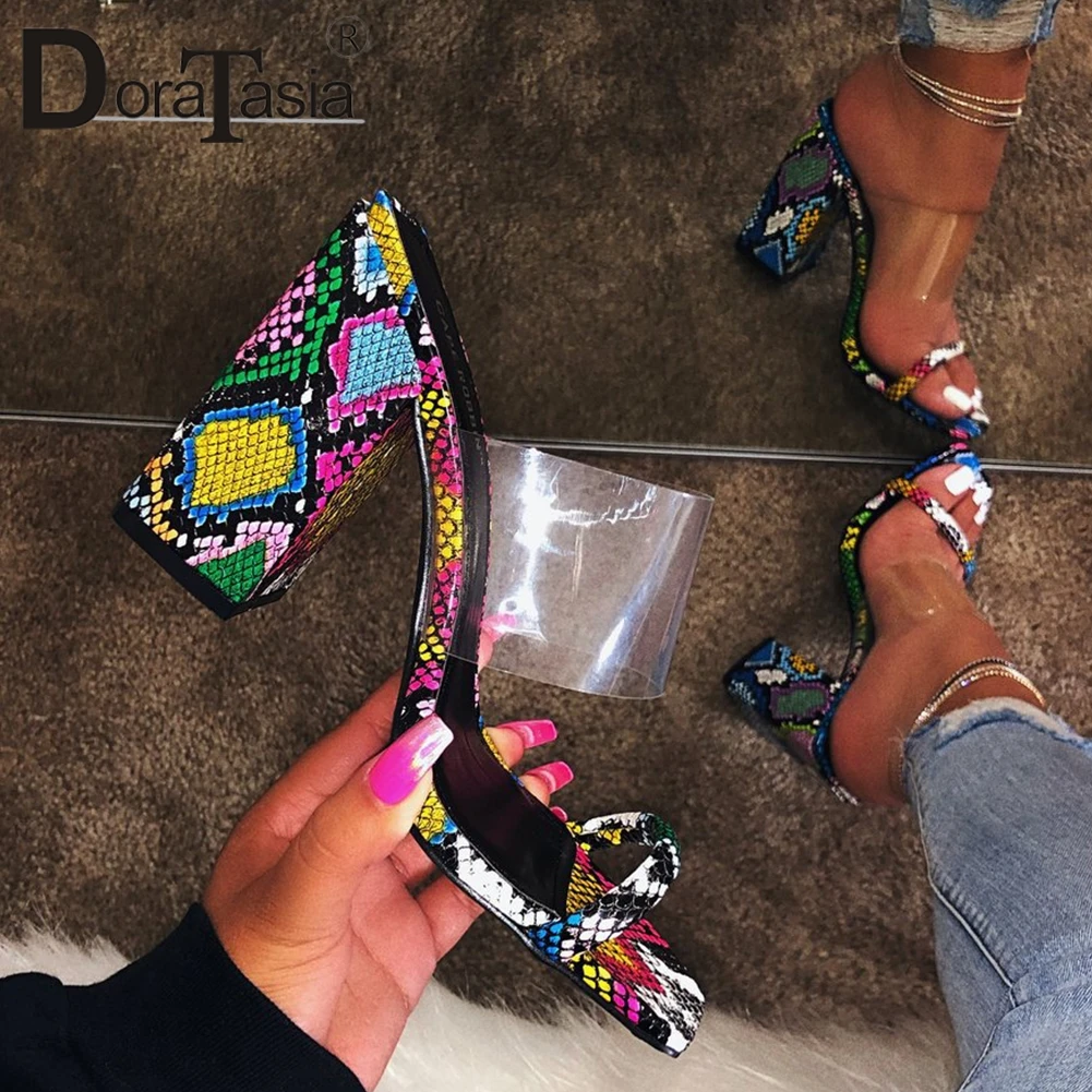 

DORATASIA New INS Hot Colorful Fretwork Mules Women 2019 Transparent Slides High Heels Slippers Women Party Shoes Woman 37-42