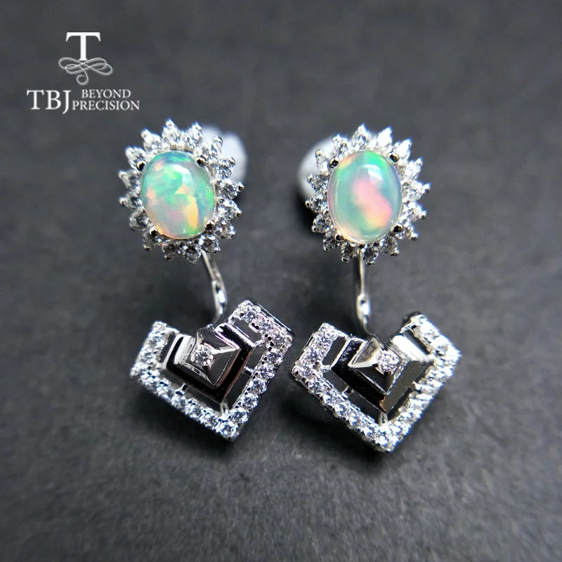 

TBJ,Natural colorful ehiopian opal unique two design earring studs 925 sterling silver gemstone jewelry for girls with gift box