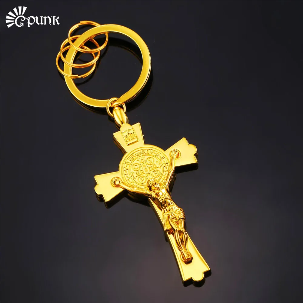 

San Benito Medallion Saint Benedict Black Jesus Cross Exorcism Medal Gold color Key Chain mens K24G