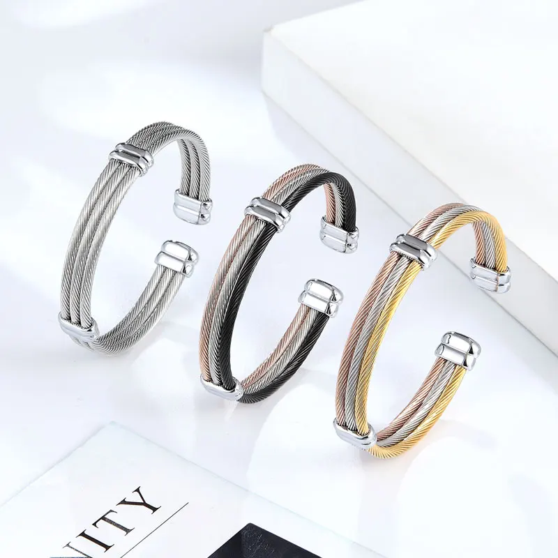 Cable Bracelet 4 Styles Adjustable Size Cuff Bangle For Women Spring Wire Line Titanium Steel Jewelry bangle bracelet