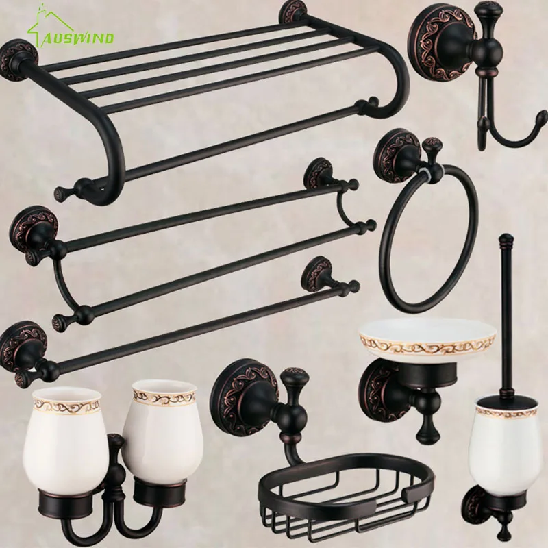 Antique Black Oil Rubbed Bathroom Accessories European Brass Bath Hardware Carved Brushed