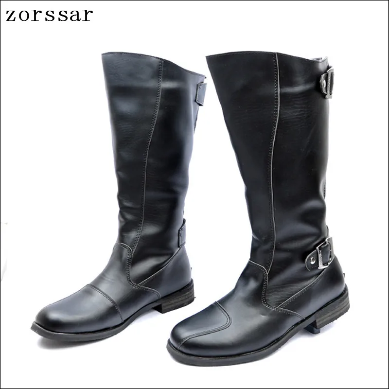 

{Zorssar} 2018 High Quality Pu Leather Men Knee high Boots Black Military Boots Men long boots Leather Shoes winter Men Shoes