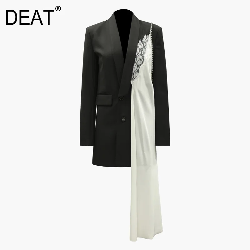 

[DEAT] 2019 New Spring Autumn Lapel Long Sleeve Black Lace Split Joint Irregular Loose Jacket Women Coat Fashion Tide JT21