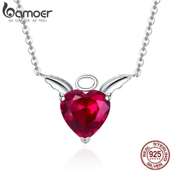 

BAMOER New Collection 100% 925 Sterling Silver Angel Wings Red CZ Necklaces Pendant For Women Sterling Silver Jewelry SCN285