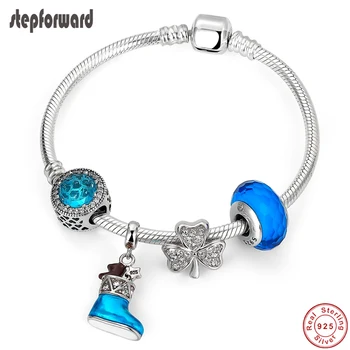 

STEP FORWARD Hot Sale 925 Sterling Silver Fancy Blue Snow Boot CZ Clover Bracelets & Bangles For Woman Fashion Jewelry WLB012