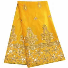 Желтая Высококачественная нигерийская Свадебная лента ткань новая в африканском стиле кружева бархатная ткань с кружевом с блестками кружева для шитья платья