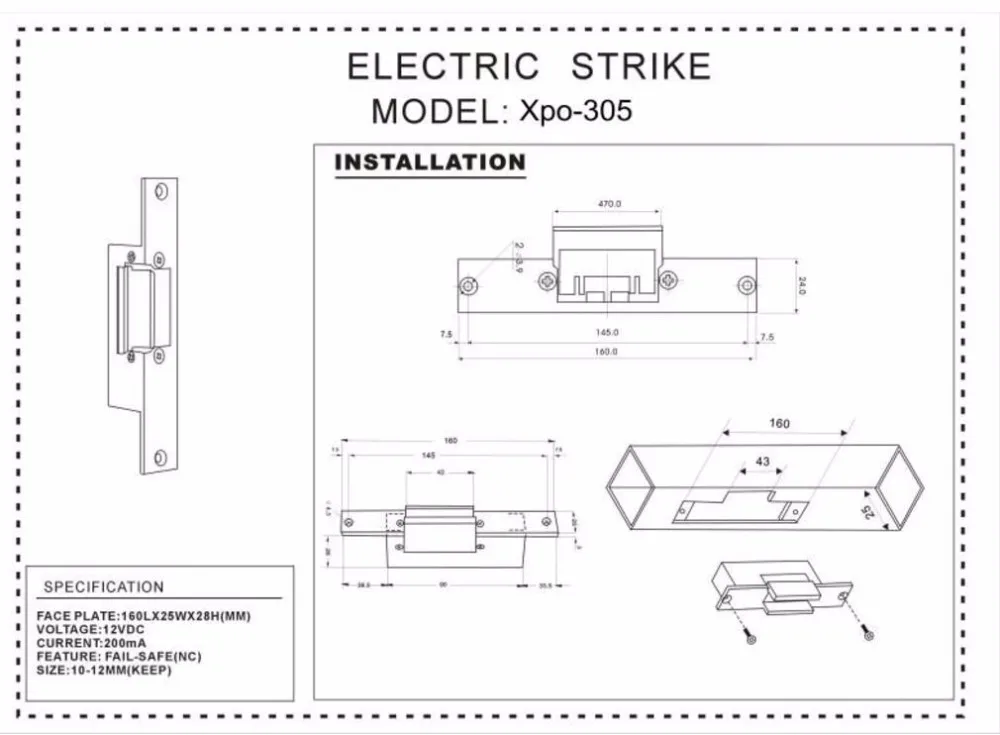 12V Electronic Strike for Glass Door with Door Frame Electric Electric Glass Door Lock Release Power to Lock Model 305-6