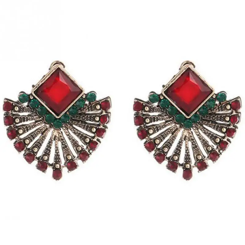 

Women Bohemia Ethnic Style Earring Geometric Shape Red Rhinestone Ear Stud Decoration Ear Rings