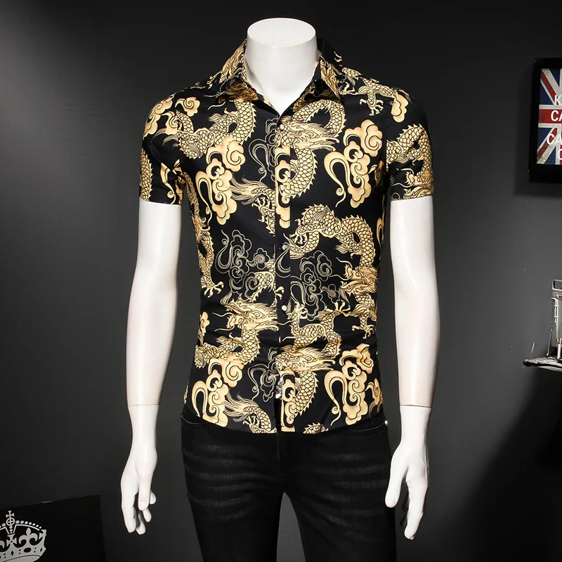 

2019 Summer Men Shirt Brand Designer Chinese Dragon Print Social Shirts Men Short Sleeve Slim Fit Turn Down Collar Blouses 5XL-M