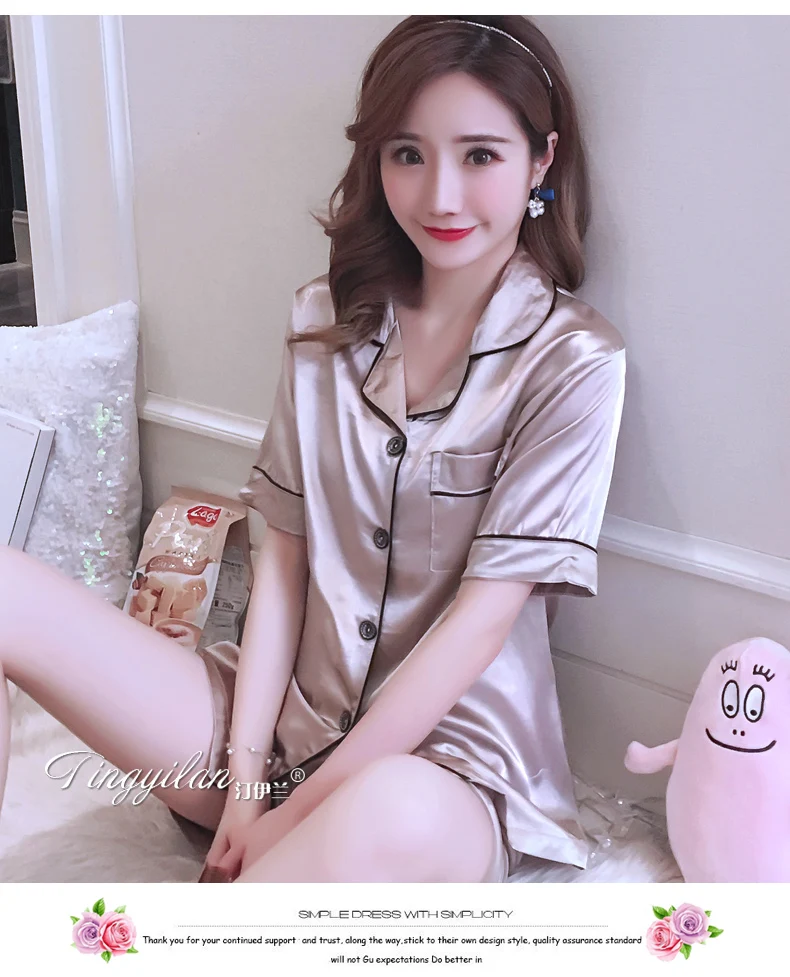 Летние корейские модные шелковые пижамы женские с отложным воротником пижамы 2 предмета Комплект рубашка + Шорты повседневные пижамные