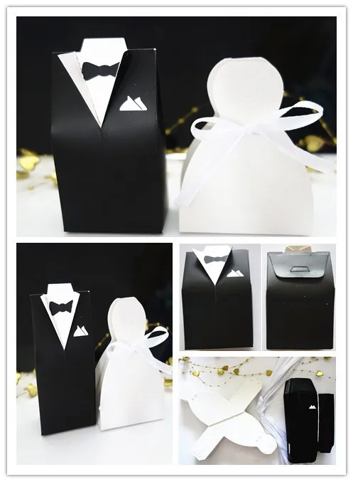 50 Pcs Bridal Groom Tuxedo Dress Gown Ribbon Wedding Decoration Favor Candy Boxes Party Supplies | Дом и сад