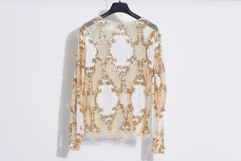 Лето осень подиум роскошные женские эффектные прозрачные сетчатые рубашки Топ с длинным рукавом блестки, бисер Алмазная Вышивка Блузка Mujer