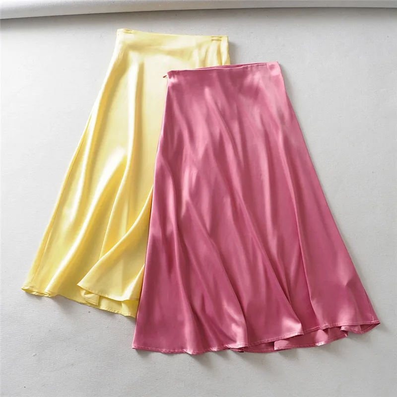 Однотонная элегантная блестящая женская шелковая атласная юбка миди-юбка с высокой талией трапециевидная летняя Длинная Юбка Saia Femme шикарные женские юбки