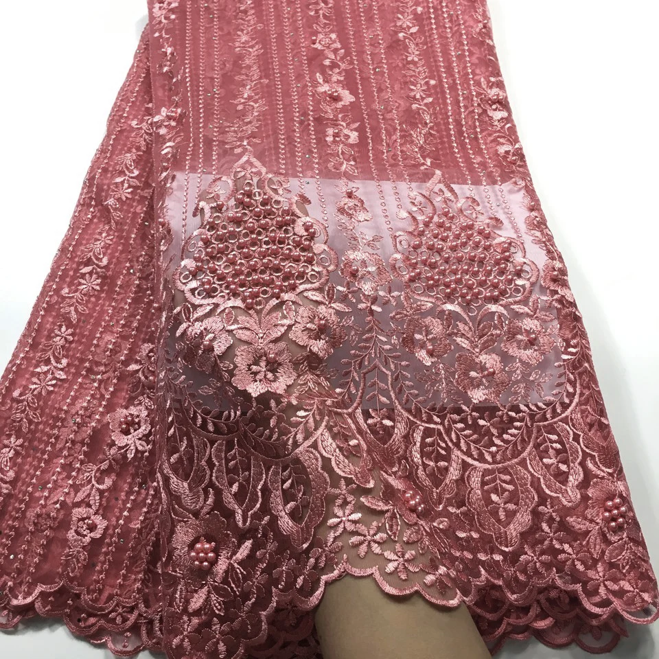 

Dusty Pink African Lace Fabric 2019 High Quality Lace with Beaded Lace, Nigerian Lace Fabrics for Wedding Net French Lace Fabric