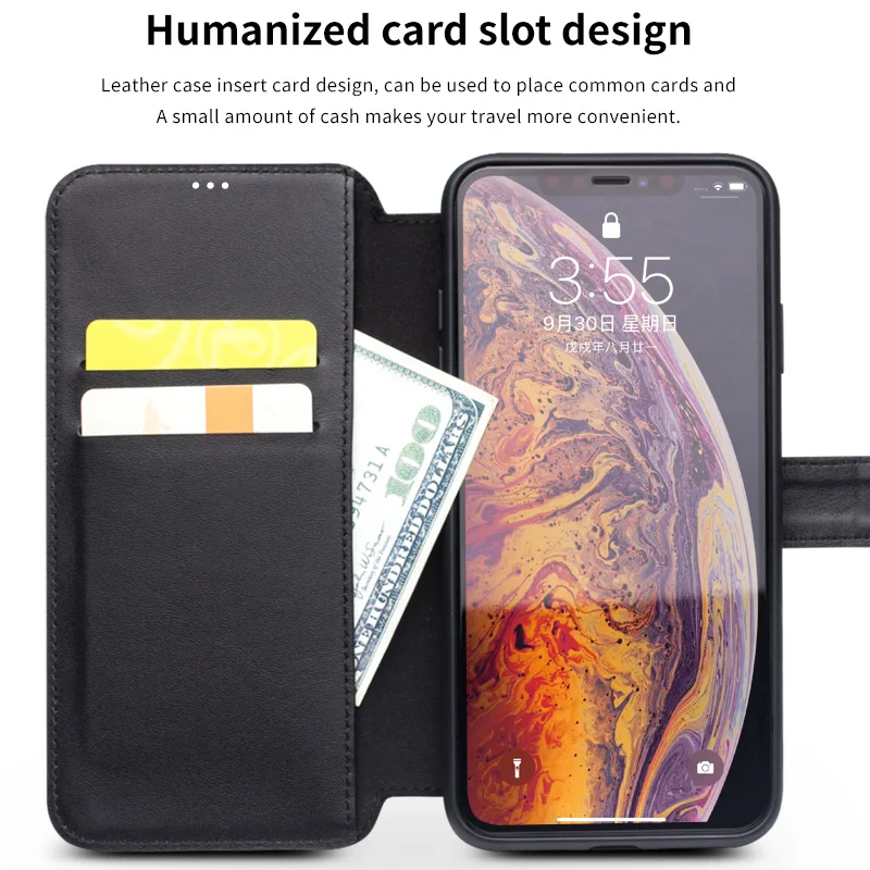 QIALINO Stylish Genuine Leather Flip Case for iPhone X/XS/XR Max Magnetic Buckle Handmade Card Slot Phone Cover for iPhone11 Pro
