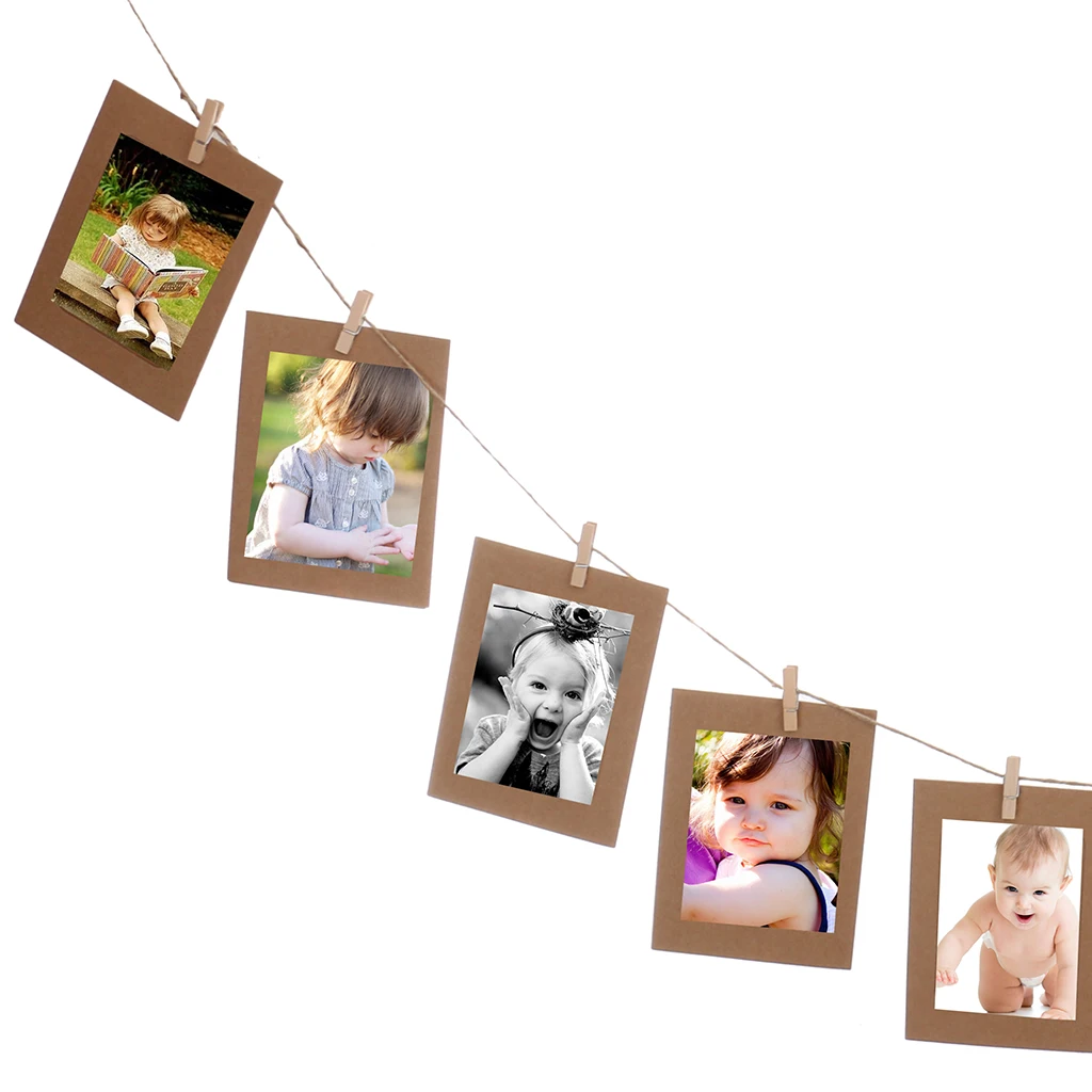 10x Paper Photo Picture Frame Wall Hanging Album With  Rope Clips Khaki Hanging Wall Kraft Paper DIY Project Embellishments