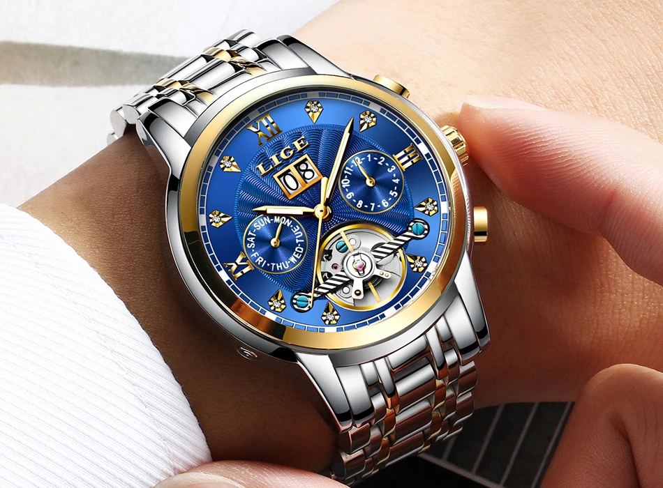 Бренд LIGE, Мужские автоматические механические часы с турбийоном, роскошные модные спортивные часы из нержавеющей стали, мужские часы, мужские часы