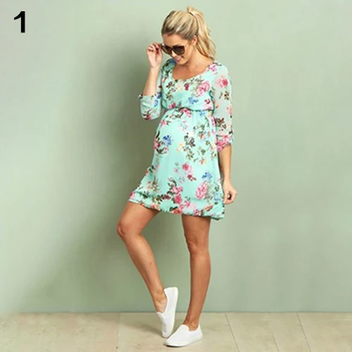 Moda de la mujer Estampado de Flores de Manga Tres Cuartos Vestido ... Moda de la mujer Estampado de Flores de Manga Tres Cuartos Vestido ...