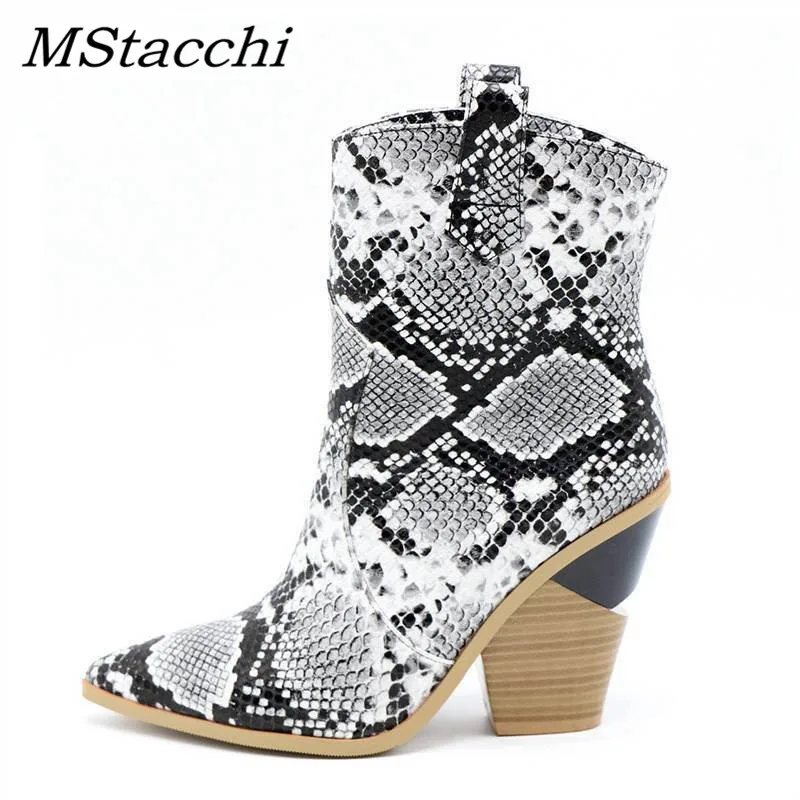 

MStacchi Brand Women High Heels Botines Mujer 2019 High Quality Pointed Toe Ankle Boots Woman Autumn Winter Slip On Snake Shoes
