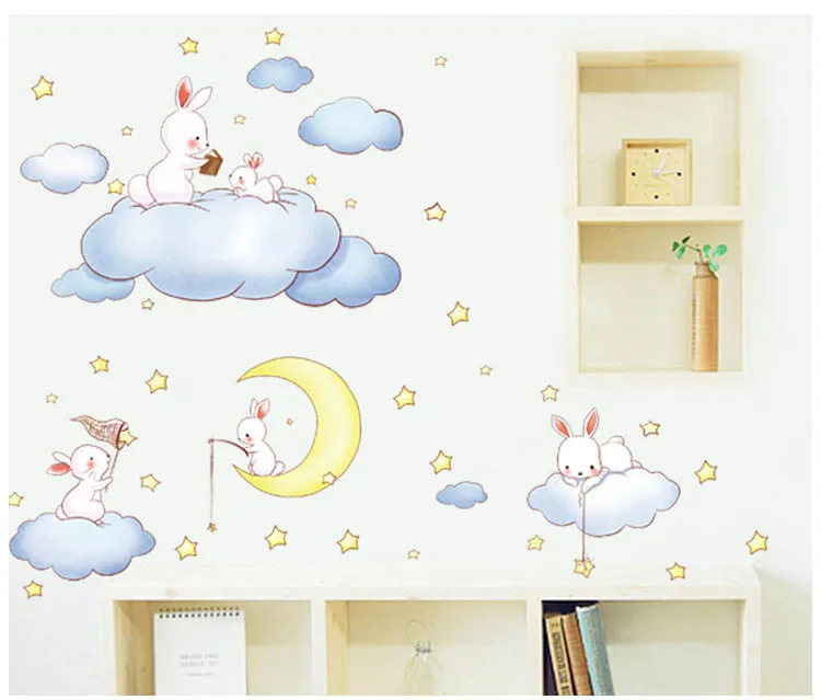 Мультфильм животных белые облака кролик Звезда Луна наклейки на стену для детей комнаты детская спальня домашний декор Луна и настенные наклейки со звездами