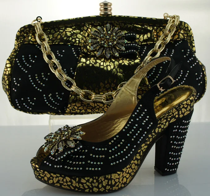

Wholesale price party sets African pump shoes with bag set with rhinestones ME2203 black