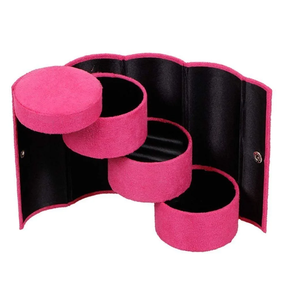 

SZanbana Hot Pink Portable Travel Jewelry Storage Case Earring Hair Tie Box Holder Velvet Three-Layer Roll-up Cylinder Shape
