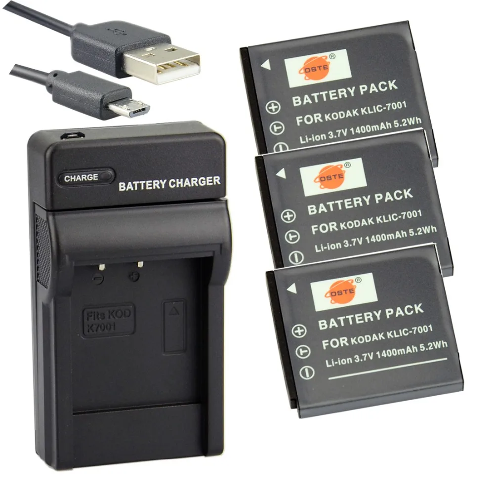 DSTE 3PCS KLIC 7001 Li ion Battery + UDC52 USB Port Charger for KODAK