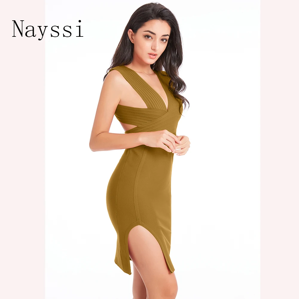 Nayssi 2019 женское Бандажное платье с V образным вырезом открытой спиной вырезами до