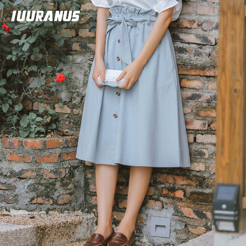 

IUURANUS Single-breasted High Waist Cotton Midi Women Skirts With Pocket 2019 Summer Long Solid color Skirt women bow skirt