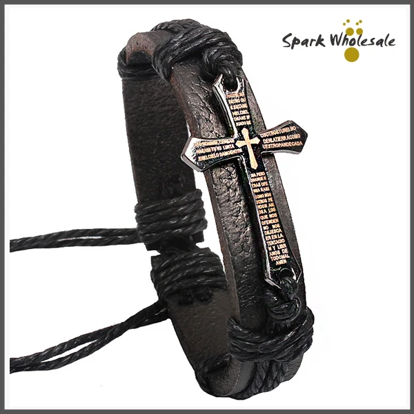 

12pcs/lot Fashional Unisex Casual Leather Bracelet Catholic Bible Scriptures Bracelet Men's Metal Cross Charm Bracelet