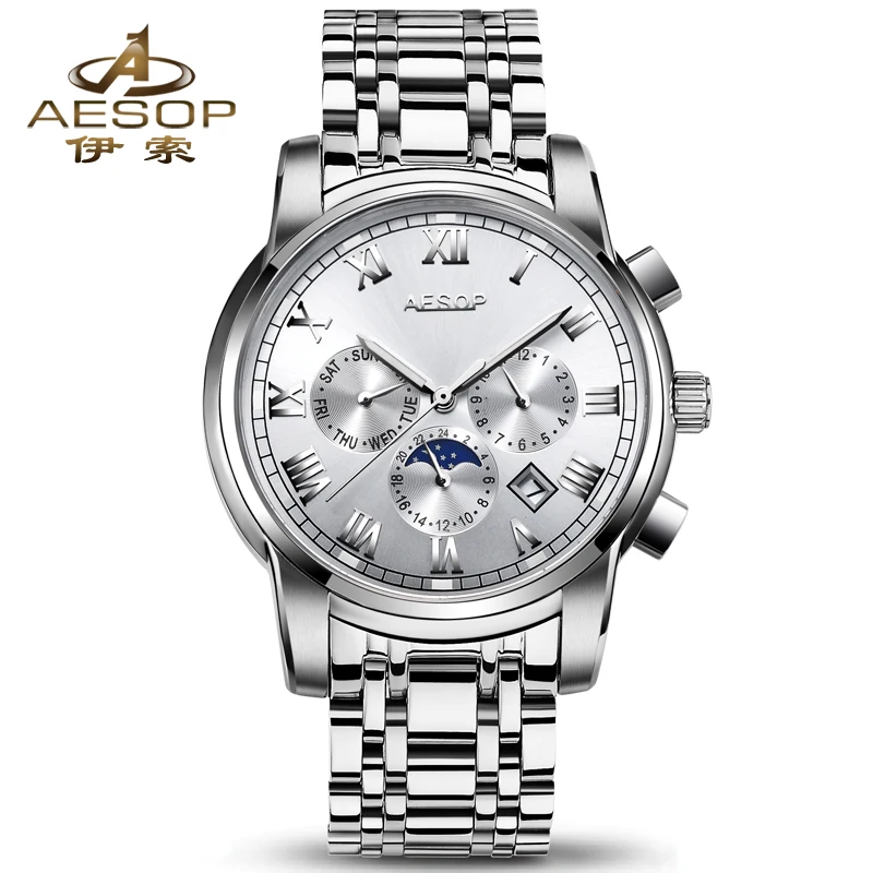 

AESOP Luxury brand watch Fashion Moon Phase business mens watches steel mechanical watches Luminous Sapphire 3Bar waterproof