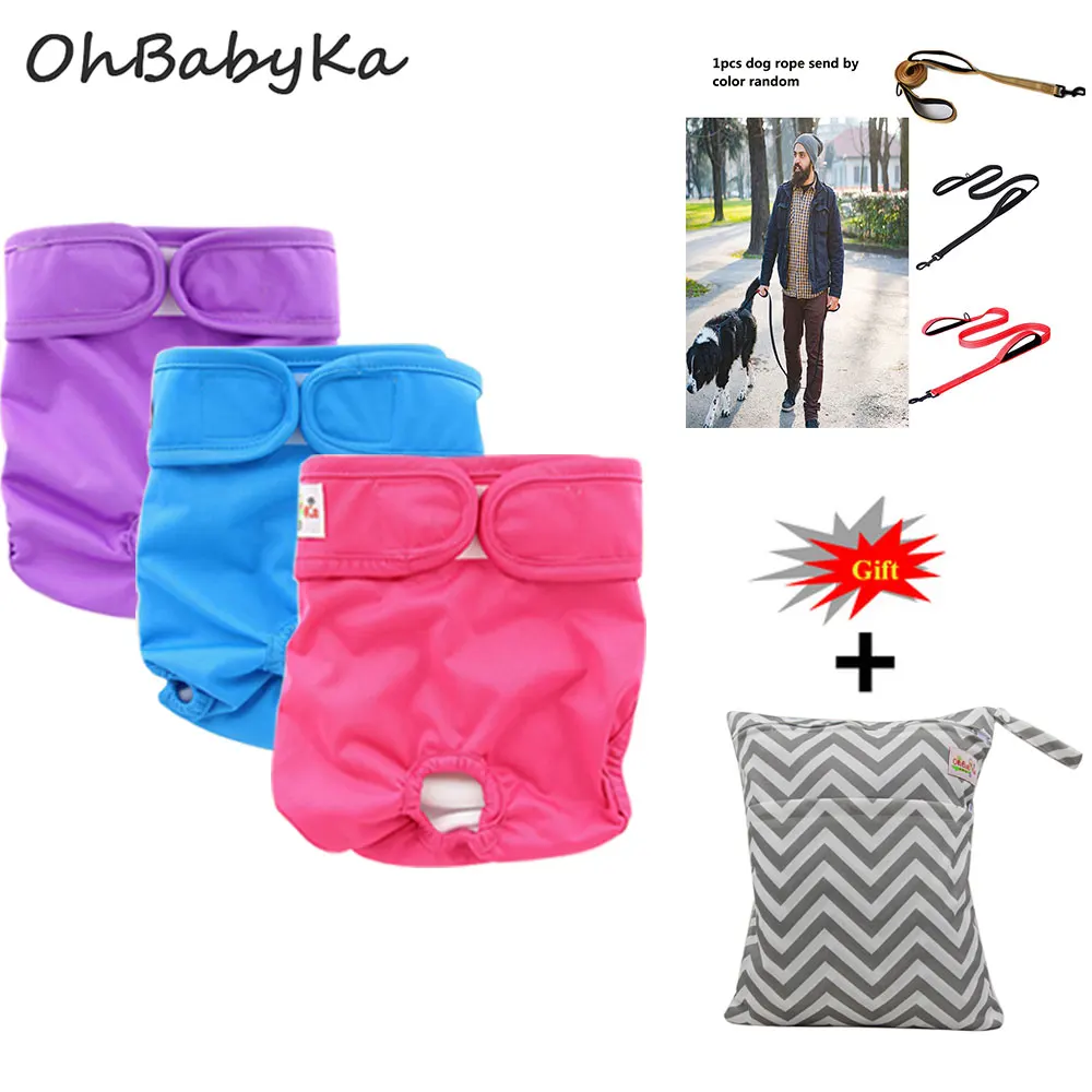

Ohbabyka Pet Dog Pants Reusable Dog Diaper Cover Nappy Changing 100% Ployester Washable Dog Diapers with Pet Leash Rope