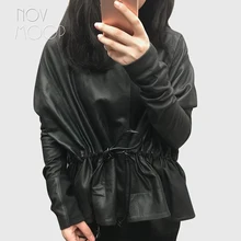 Women black genuine leather corrected grain lambskin leather coats jacket tie waist elasticized rib knit panel at sleeve LT2477 layered ruffle sleeve rib knit tee