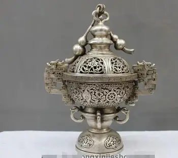 

Tibet White Bronze Silver Buddhism Eight treasures Gourd Incense Burner Censer