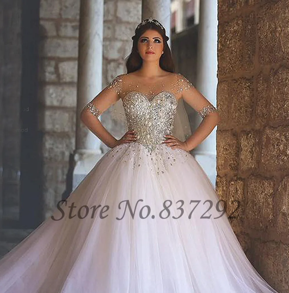 Boda Lujo Novia Larga Crystal De Manga Vestidos Vestido SqTR5xEn