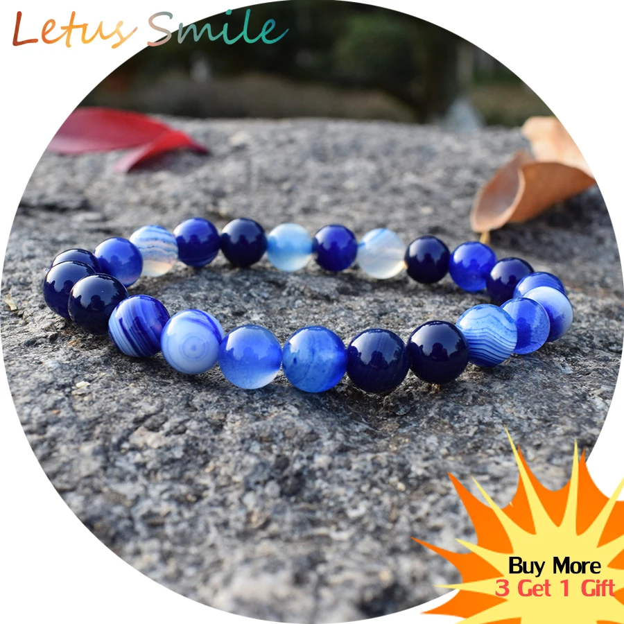 

Casual Blue Stripe Agates Strand Bracelets for Women Semi-precious Stone Beaded Bracelet Fashion Handmade Lovers' Jewelry Gifts