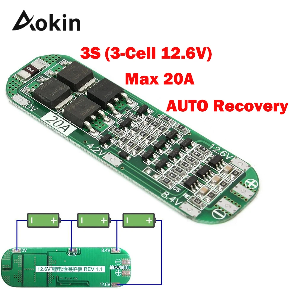 

3S 20A Li-ion Lithium Battery 18650 Charger Protection Board PCB BMS 12.6V Cell Charging Protecting Module AUTO Recovery diy kit