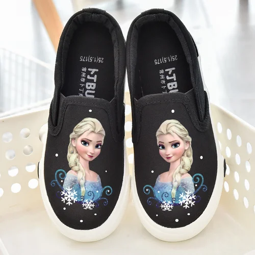 black loafer girl Модные текстильные Лоферы для девочек; кроссовки с изображением Анны и Эльзы; детская обувь на плоской подошве; Детская школьная Спортивная повседневная обувь для малышей - Цвет: black loafer girl