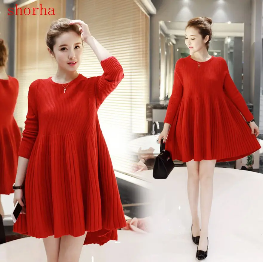 Maternity Clothes Autumn Winter Solid Color Length Sleeve Pleated Knitting Dress Clothes for Pregnant Women Pregnancy Dresses