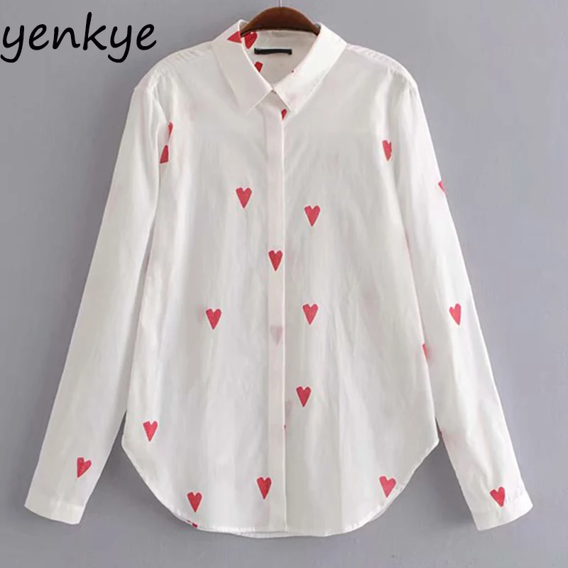 

Women Sweet Heart-printed White Cotton Blouse Femme Turn-down Collar Long Sleeve Curved Hem Casual Autumn Blouses Ladies Shirts
