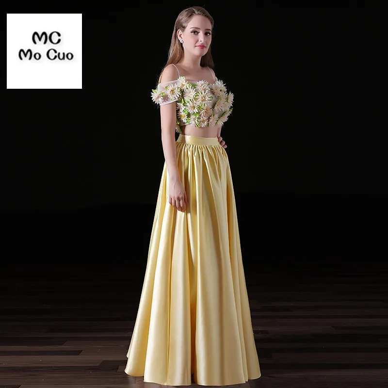 Двойка платье для выпускного вечера ES Длинные Цветы Жемчуг Vestidos De Fiesta Формальное атласная пол Длина Драпированные Вечернее платье для выпускного вечера