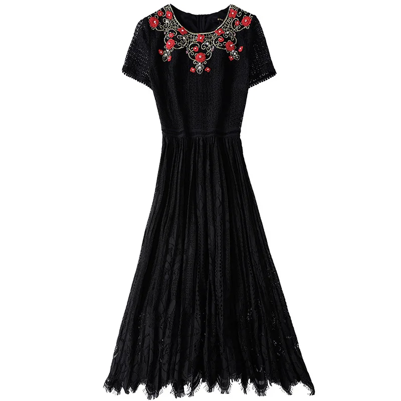 Elegant Party Lace Dresses Fashion Style Women Hand Made Beading Embroidery Short Sleeve Mid-Calf Black Apricot Green Dress