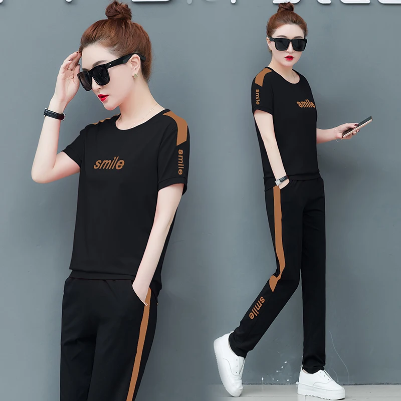 

Two Piece Set 2019 New Summer Fashion Women's Sets Suit Female Trouser with Stripes Plus Size Big Black Outfit Tracksuit Clothes