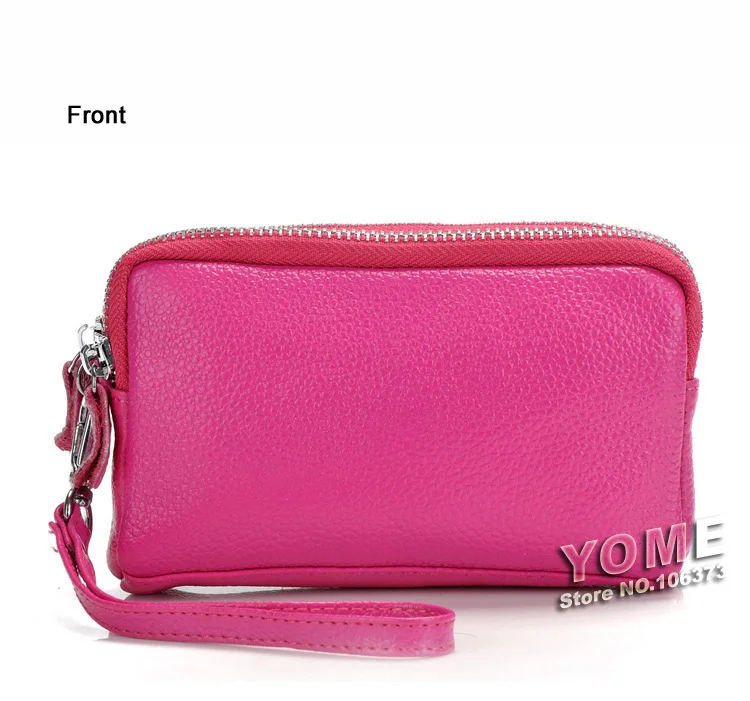 Genuine Leather Women Coin Purse Double Zipper Mobile Bag Lady Clutch Wristlet Bags, easy for carry clutches, Wholesale