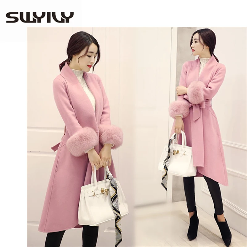 

SWYIVY Woolen Coats Women Faux Fox Fur Warm 2018 Winter New Female Slim Long Desgin Coat Large 4XL Woman Woolen Coats With Belt