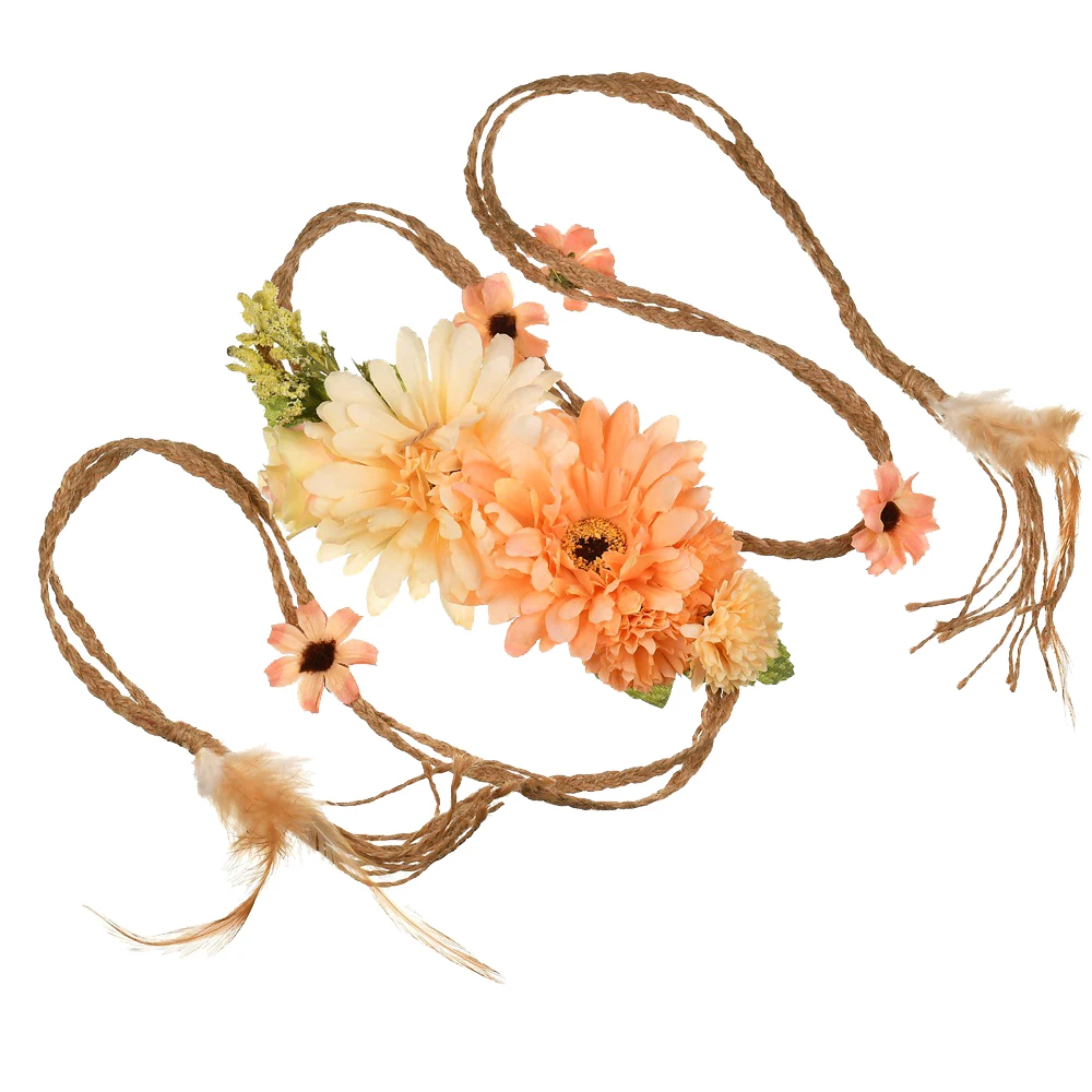 

1PCS Belt Chrysanthemum Rose Flowers Knit Flax Feather Boho Colorful Sash Women Seaside Beach Holiday Dress Up Accessories